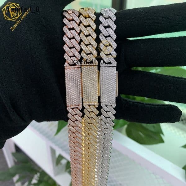 Denser and Thicker 10mm 12mm 14mm 925 Sterling Silver VVS Moissanite Diamond Iced Out Cuban Link Chain Necklace Hip Hop Jewelry
