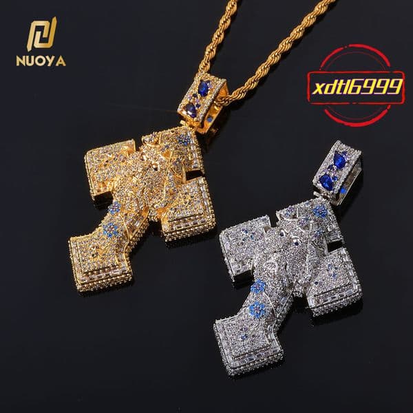NUOYA Gold Plated Iced Out Cross Pendant Mixed Inlay Baguette Moissanite Bling Jesus Hip Hop Pendant Gift Fine Jewelry