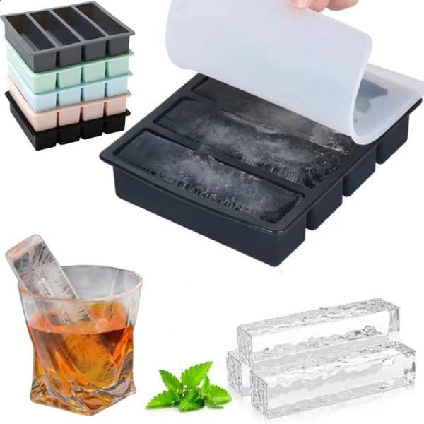 4 Grid Giant Silicone Ice Cubes Long Strip Square Whiskey Tray Mold Nontoxic Durable Large Barware Cocktail Tools 260312