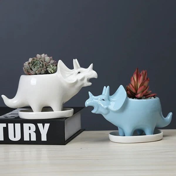 Ceramic Triceratops Planter with Tray Creative Dinosaur Statue Garden Pot for Succulents Flower Pots Home Office Desktop Decor 260318