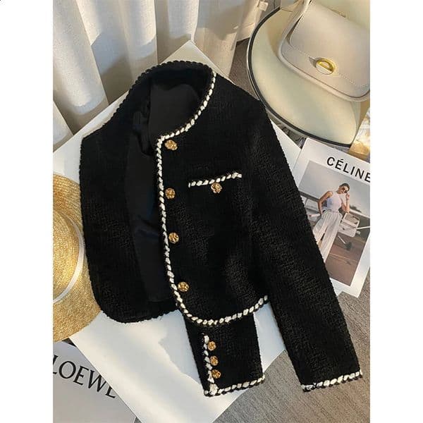 MEXZT Vintage Tweed Jacket Women Elegant Cropped Quilted Coat Commute Black Blazer Winter Ladies Korean Short Outerwear Tops 260319