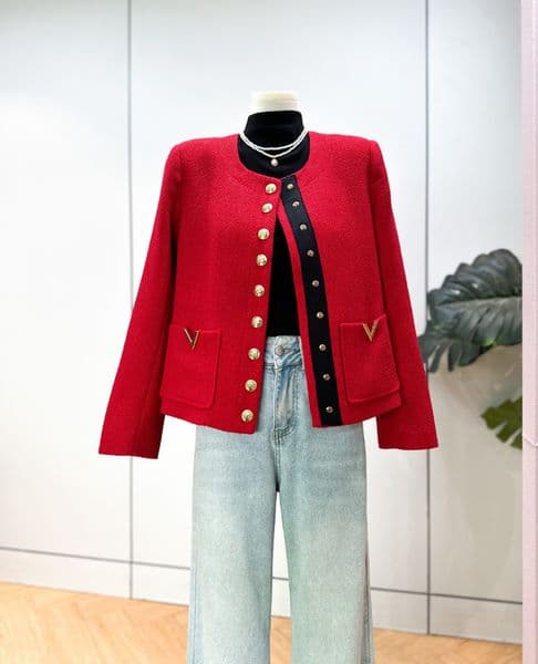 Designer French Style Coats Women's Red Tweed Coat Spring Autumn New Luxury Coat Short Single Breasted Tops