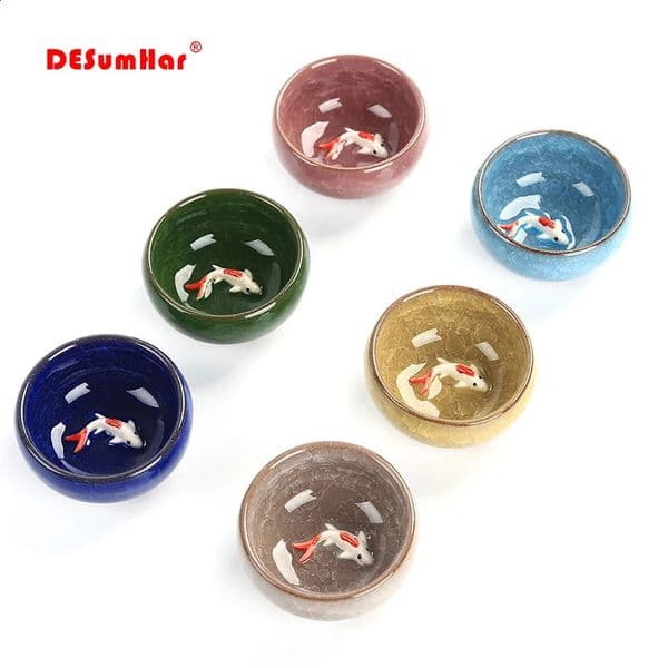 6pcs Ceramic 3D Golden Fish China tea cup setCrackle Glaze Travel Tea Bowl Chinese Porcelain Teacup Sets Kung Fu Tea Set 260318