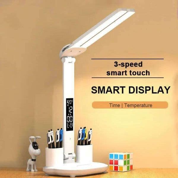 LED Clock Table Lamp USB Chargeable Dimmable Desk Lamps 2 Heads 180 Rotate Foldable Eye Protection Desktop Reading Night Lights 26H0319
