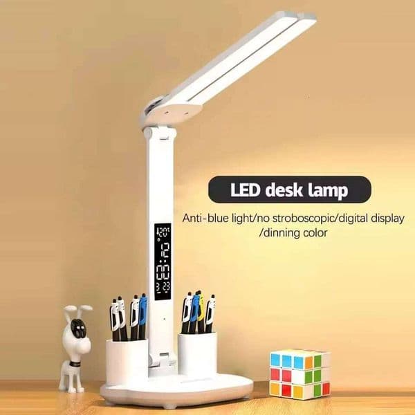 LED Desk Double-Headed USB Dimmable Touch Foldable Table Lamp with Calendar Temperature Clock Night Light for Study Reading 26H0319