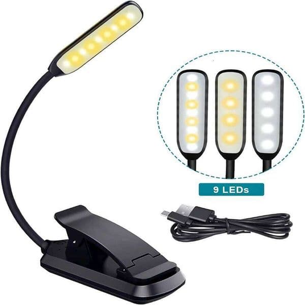 9 LED USB Rechargeable Clip on with Touch Sensor 3 Color Dimming Book Light for Bed Night Reading 26Y0319