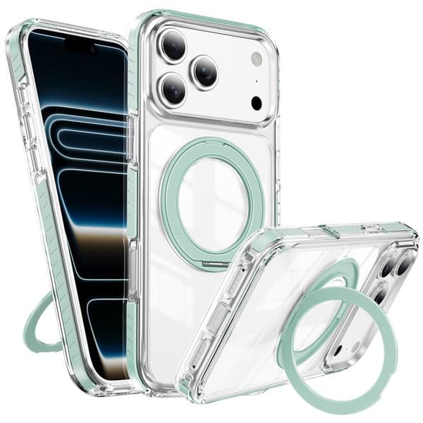 360° Rotatable Ring Stand Clear Case - MagSafe Compatible Electroplated Acrylic Protective Cover for iPhone 17 Pro Max