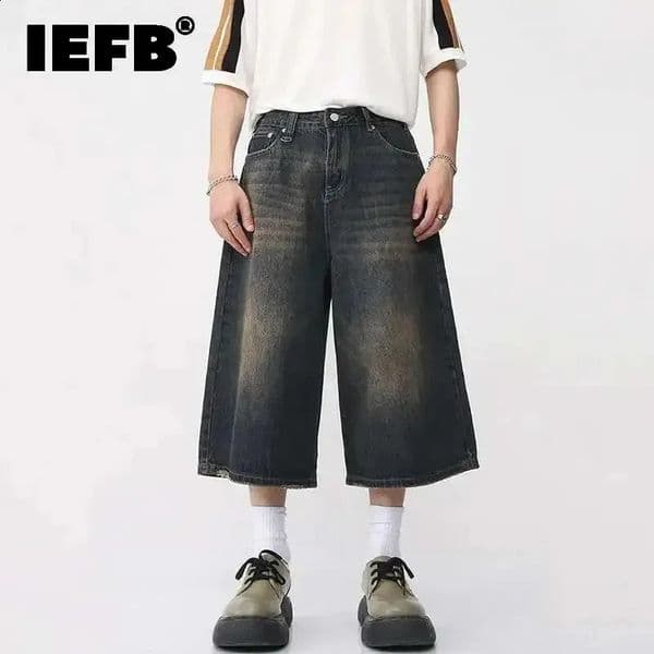 IEFB Korean Style Vintage Mens Jeans Summer Loose Male Wide Leg Knee Length Shorts Washed Fashion Short Denim Pants 9A8825 260318