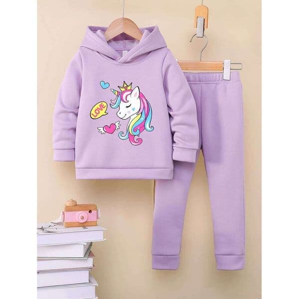 Spring Baby Girls Hooded Clothes Set Kid Unicorn Printed Hoodies Pullover Top and Pants 2 Pieces Suit Children Tracksuits S260318