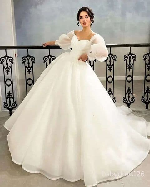 Simple Princess Wedding Dress A-Line Puff Sleeves Organza Sweep Train Women Bridal Gowns Vestido De Novias ZD19