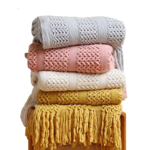Boho Throw with Tassels Lightweight Plaid for Couch Bed Sofa Decorative Knitted Soft Blanket Cream 26H0319