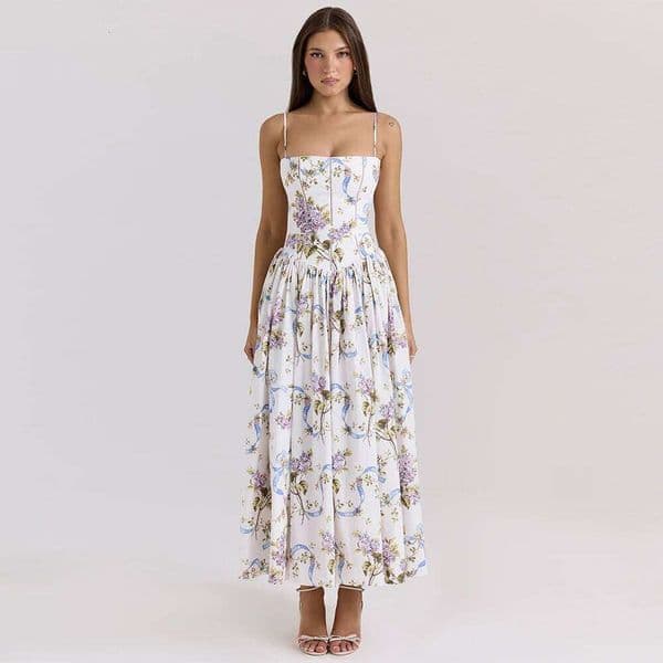 Summer Floral Print Elegant New Arrivals Spaghetti Strap Flare Dress Holiday Party Dresses Women Gowns