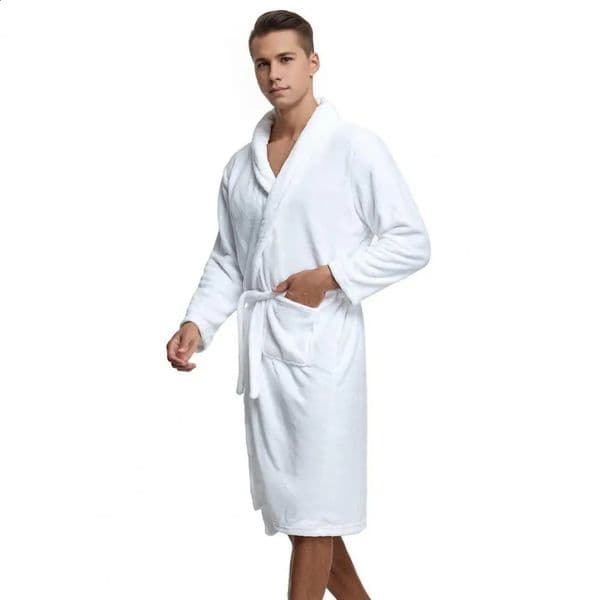 Knee-length Robe Cozy Flannel Nightgown with Pockets Lace-up Front for Men Knee-length Bathrobe Lounge Sleepwear for Relaxing 260320