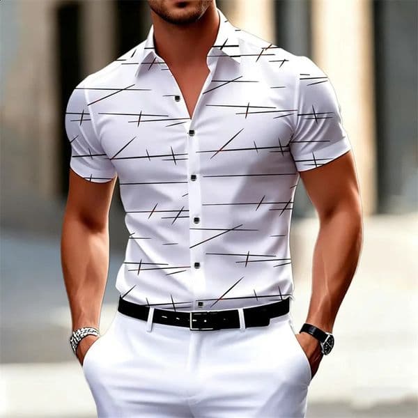 18 colors mens fashion geometric line print short-sleeved shirt Urban casual style slim lapel shirt comfortable fabric 260320