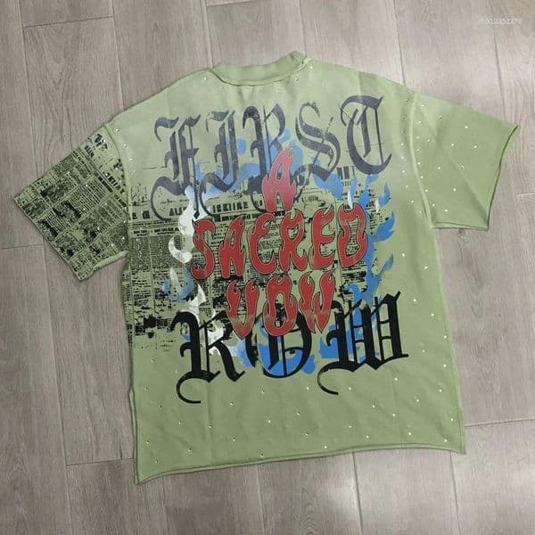 Men's T Shirts FIRST ROW T-shirts Men Women High Street Vintage American Printed Drill Cotton Short Sleeve Top Tee