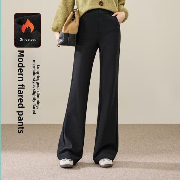 Fleece-lined thick flared women, new high-waisted slimming drapey suit-style casual for autumn and winter, professional work pants