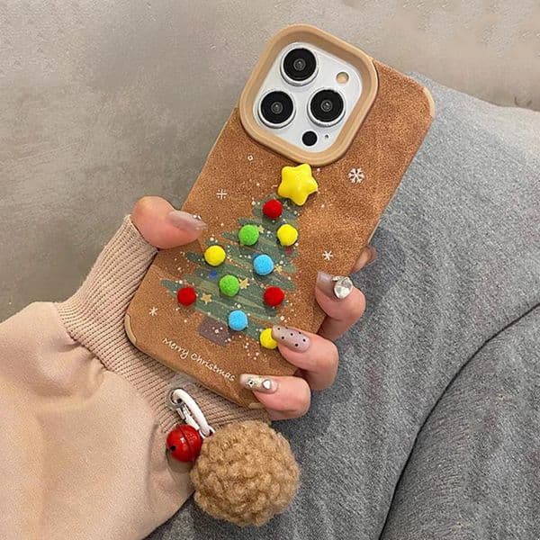 Plush Ball Charm Phone Case For Iphone 17 16 15 14 13 Pro 12 11 Max Plus 16Pro Painted Christmas Tree 17Promax Phone Case 16Promax Full Wrap 14Promax Cover 12Promax Shell