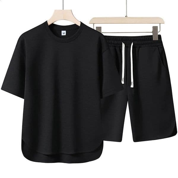 Summer Men Suit Round Neck Short Sleeve T-shirtshorts Two Piece Set Loose Outdoor Sports Casual Solid Color Tracksuit 260318