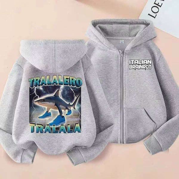 New Italian Brainrot Children Coat Tralalero Tralala Tung Sahur Printed Zippered Hoodie Autumn Kids Boys Clothing S260319