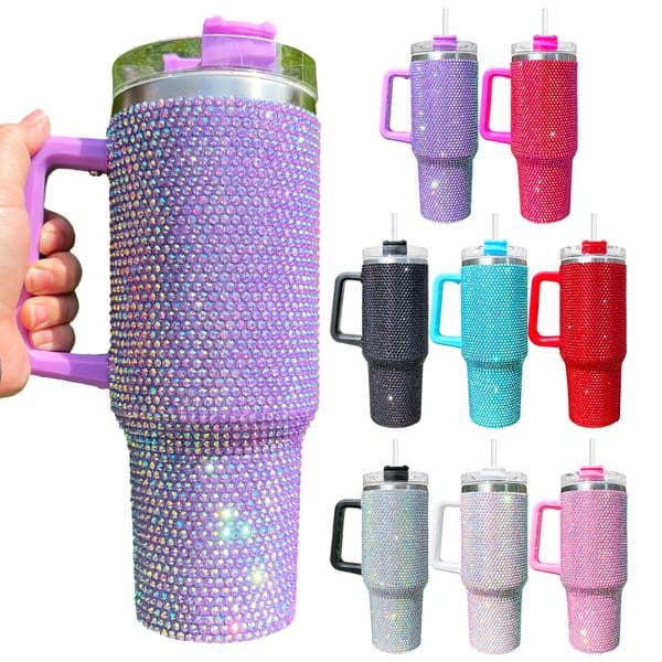2PACK US warehouse Mother's Day gift Multicolour rhinestone bling studded 40oz bling tumbler Super Sparkly mug with handle lid and straw