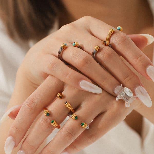 PVD Plating Stainless Steel Party Gift Nature Stone Twist Pave Opening Wholesale Rings for Women Jewelry Stainless Steel
