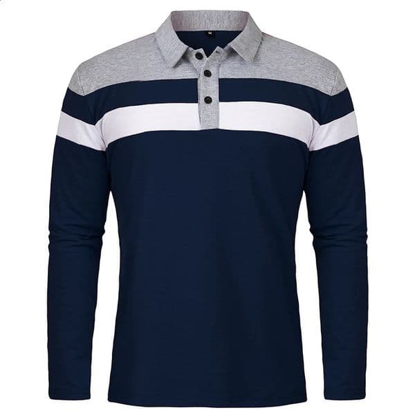 Mens Long Sleeve Shirt Casual Cotton Patchwork Collared Autumn Striped Pullover Streetwear Golf Button Polo Shirts 260319