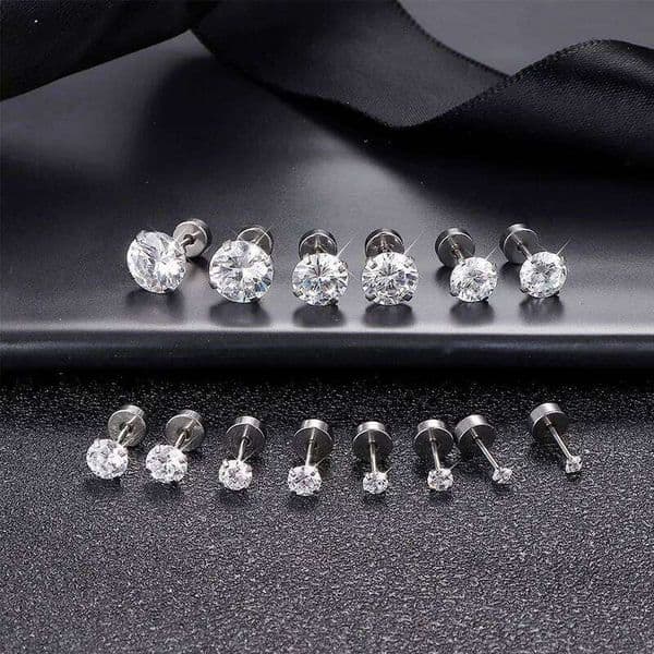 1 Pair Shiny Zircon Stud for Men/Women Stainless Steel Flat Bottom Round Cake Screw Earrings Fadeless Jewelry S260319