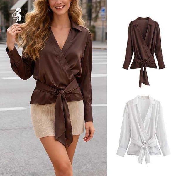 Womens Wrap Tie-Waist Blouse - Brown Solid White Striped Options Collared Long Sve Elegant Office Casual Top L251220