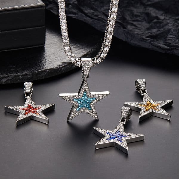 New In Five Pointed Star Colorful Necklace Pendant Slides With Tennis Chain Alloy Full Diamond Blue Purple Red Pentagram Charm Fashion Charm Hip Hop Jewelry Gifts