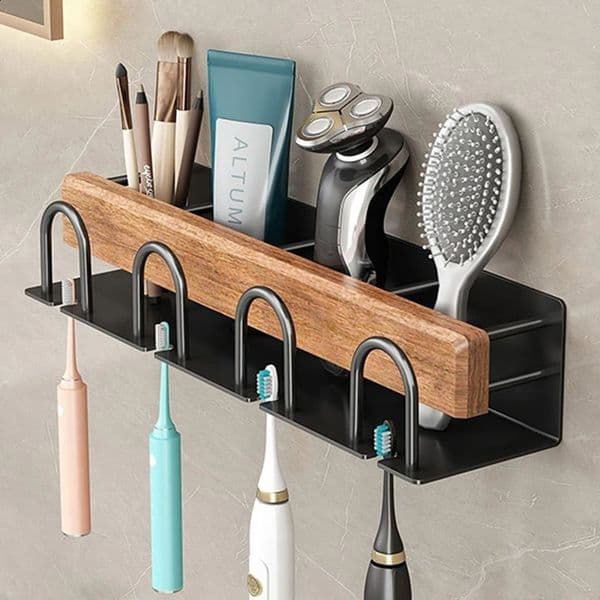 Wood Multifunctional Toothbrush Rack and Mug Holder Wall Mounted Toothpaste and Mouthwash Storage with Toothpaste Squeezer 260319