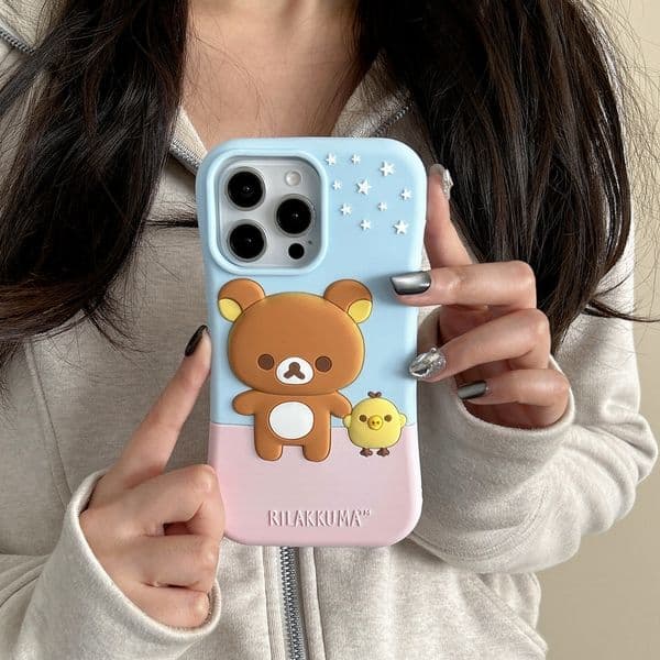 Kawaii 3D Cartoon Rilakkuma Bear Phone Case Japan Ins Cute Soft Silicone Shockproof Back Cover For iPhone 17 16 15 14 13 Pro Max Z260522