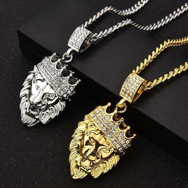 Popular European And American Jewelry: Gold-Plated Rhinestone Crown Lion Head Hip-Hop Pendant Necklace