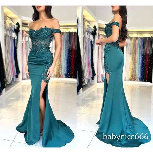 Hunter Green Split Dresses 2026 New Sexy Sweetheart off Shoulder Backless Satin Evening Prom Party Gowns With Sequined Appliques BC18734