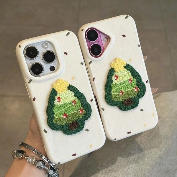 Embroidered Christmas Tree Phone Case For Iphone 16 15 14 13 Pro 12 11 Max Plus 16Promax Faux Leather Grain Material 15Promax Phone Case 14Promax Cover 13Promax Shell