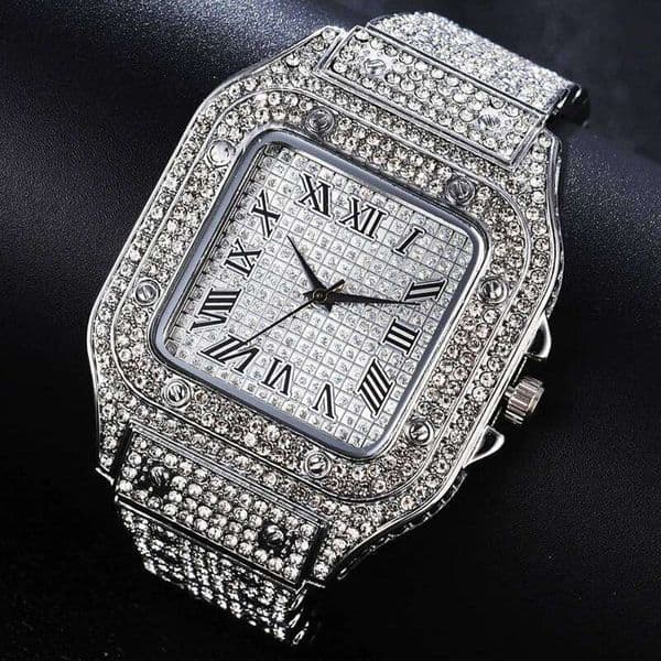 MAYZHISU Gold Luxury for Men Full Diamond Alloy Strap Square Business Quartz Wristwatch Elegant Man's Clock Watch Gift
