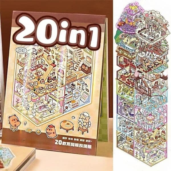 20Pcs 20in1 Scenes Cartoon Landscape Stickers Book Forest Village DIY Stationery 3D Sticker Cabin Pocket Birthday Gift for Kids 260319