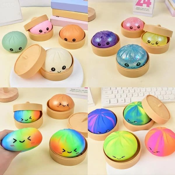 Colorful Dumpling Steamer Simulation Bun Squishy Anxiety Stress Relief Sensory Slow Rebound Fidget Toys For Kids And Adults With Autism.. Afc