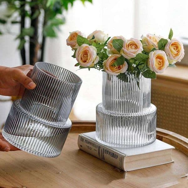 Creative Nordic Simple Flowers and Roses Water Nourishing Large Caliber Striped Glass Vase Living Room Ornament 26W0320