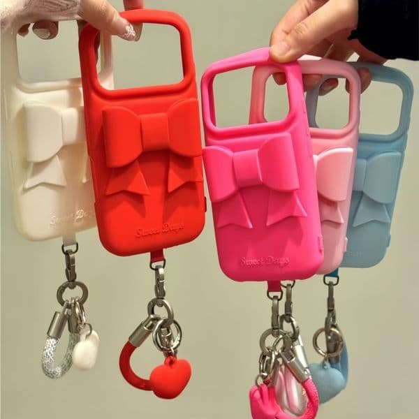 Cartoon 3D Bow silicone Case for iPhone case 17 17 Pro 17 ProMax 16 15 14 Plus 13 12 Pro Max Hand Wrist Strap Soft TPU Cover