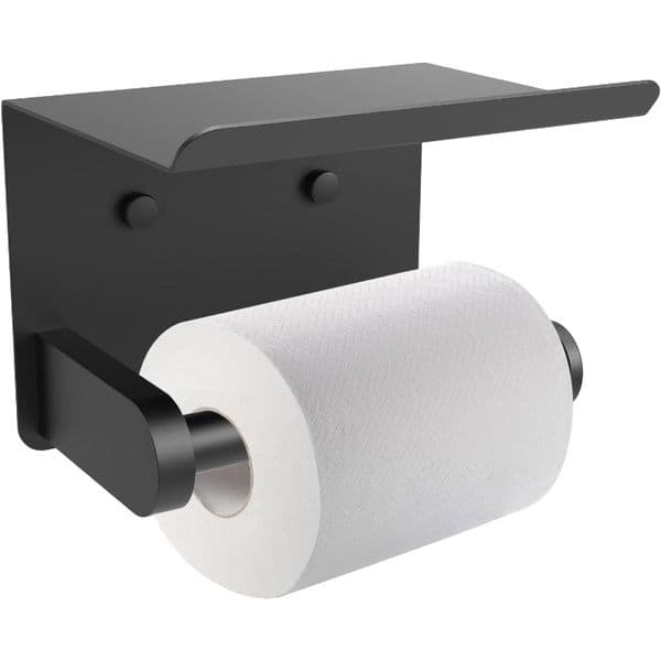 Toilet Paper Holder with Shelf Adhesive or Screw Bathroom Toilet Paper Roll Holders Wall Mount Matte Black Tissue Holder