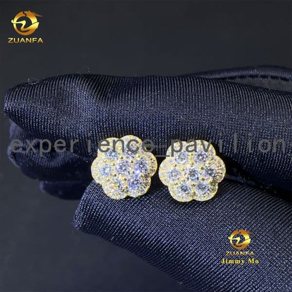 Pass Diamond Tester Drop Shipping Men Iced Out Hip Hop Sterling Silver 925 Screw Back Moissanite Flower Shape Cluster Earrings