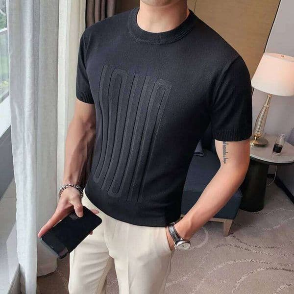 British Style Summer Solid Short Sleeve Knitted T Shirt Fashion O Neck Stripe Slim Fit Tee High Quality Men Clothing 6Colors