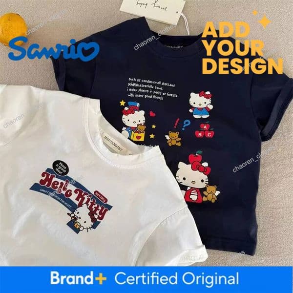 Cartoon Hellokitty Design Pattern Printed Children's Summer T-shirts Minimalist Casual Short Sleeve Round Neck Pullover Tops