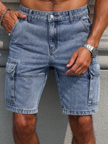 Mens summer blue regular denim shorts Multi-pocket Stylish and casual 260304