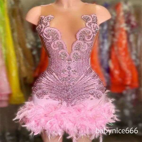 Luxury Pink Feather Prom Dresses Mini Short Black Girls Evening Gowns Sexy See Through Fifteen Holiday Birthday Party Dress Formal Occasion Vestio De Noche F10