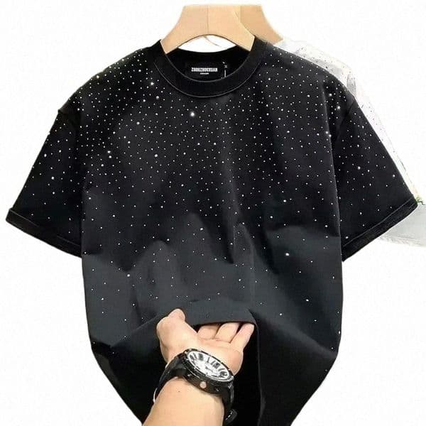 summer Rhinestone Rivet T shirt For Men Clothing Round Neck Casual t shirt Designer Fashion High Street Mens Summer Short Sleeves hoodie graphic tee p k6CY#