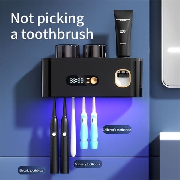 1 smart toothbrush with 2 cups automatic toothpaste dispenser 5-slot storage brush holder USBclock display 260316