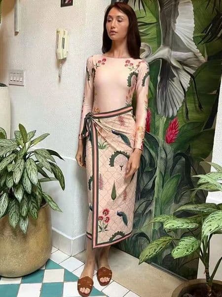 Retro Bikini Printed Fashion Two Piece Swimsuit And Cover Up With Skirt Tight Womens Bandage Summer Beach Elegant 260316