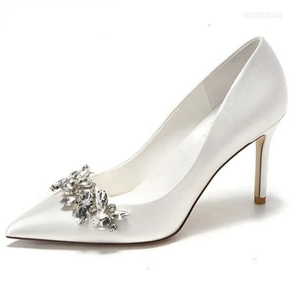 white champagne womens bridal wedding shoes artificial silk satin rhinestone crystal shallow pump high heels 240925 K260320
