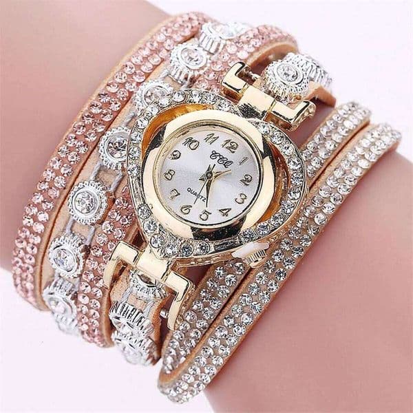 Fashion Rhinestone Heart Dial Women's Watch Long Leather Band Wristwatches